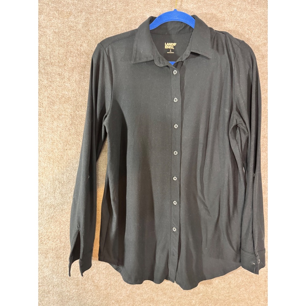 Lands End Button Down Shirt Womens Small Black Long Sleeve UPF 50 Stretch Work
